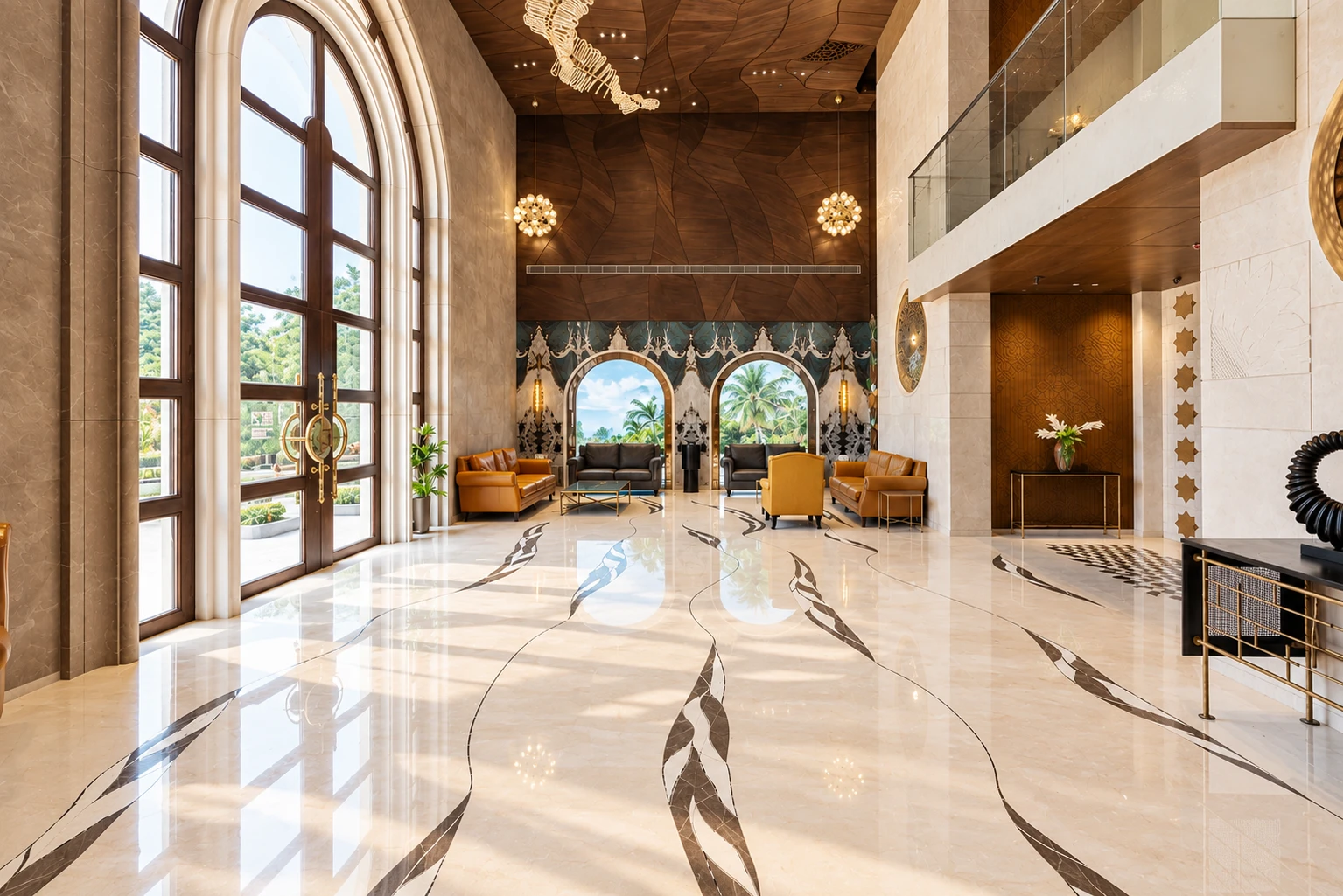 Double-height marble lobby with arched windows and inlaid stone floor, executed by JRT Interiors