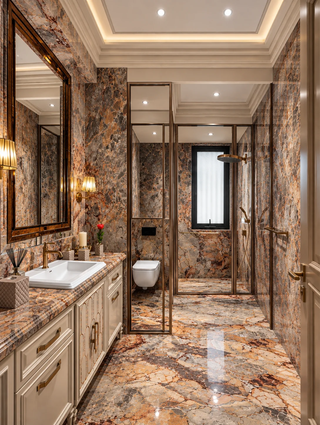 Entrance foyer with an inlaid marble floor, a mirrored table and wingback chairs